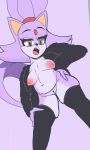 absurd_res anthro blaze_the_cat breasts clothed clothing fangs female fur_coat genitals hand_on_hip hi_res legwear navel open_mouth partially_clothed pussy sega sh1vss simple_background solo sonic_the_hedgehog_(series) tail teeth