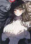  1girl absurdres bed_sheet black_hair blue_archive blush breasts hair_ornament hairpin halo highres large_breasts long_hair long_sleeves looking_at_viewer nompang open_mouth red_eyes ribbed_sweater rio_(blue_archive) solo sweater upper_body white_sweater 