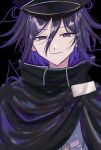  1boy black_background black_cape black_headwear buttons cape closed_mouth danganronpa_(series) danganronpa_v3:_killing_harmony flipped_hair grey_jacket hair_between_eyes half-closed_eyes highres jacket male_focus multicolored_hair oma_kokichi purple_hair shimotsuki_niko smile solo two-tone_hair 