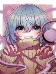  1girl blue_eyes brown_sweater eyeball green_hair highres komeiji_koishi open_mouth smile soesoe300 solo sweater teeth third_eye touhou turtleneck turtleneck_sweater upper_body 