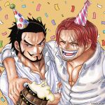  2boys beer_mug black_hair closed_eyes closed_mouth collar confetti crossed_arms cup dracule_mihawk facial_hair frilled_collar frills goatee hat highres holding holding_cup hug jaralloart looking_at_viewer male_focus mug multiple_boys muscular muscular_male mustache one_piece open_mouth orange_eyes party_hat red_hair scar scar_across_eye shanks_(one_piece) shirt short_hair sideburns smile sweat teeth twitter_username white_shirt 
