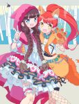  2girls :d animal_costume animal_ears animal_hands big_bad_wolf big_bad_wolf_(cosplay) blue_collar blue_eyes braid brown_hair cape chain collar cosplay dress fake_animal_ears fang fishnet_thighhighs fishnets frilled_dress frills fur-trimmed_jacket fur_trim gloves hand_on_another&#039;s_waist hand_up hood hood_up hooded_cape jacket ku_(residual666) kurosu_aroma little_red_riding_hood_(grimm) little_red_riding_hood_(grimm)_(cosplay) long_hair looking_at_viewer midriff multiple_girls open_clothes open_jacket open_mouth paw_gloves pink_cape ponytail pretty_series pripara red_hair shiratama_mikan shorts sleeveless sleeveless_jacket smile standing tail thigh_strap thighhighs twin_braids w wolf_costume wolf_ears wolf_tail yellow_shorts 