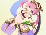  1girl bikini bracer dancer_(sekaiju) dancer_2_(sekaiju) dangle_earrings earrings flat_chest foot_up green_eyes harem_pants holding holding_sword holding_weapon jewelry lowleg lowleg_bikini navel no_entity open_mouth pants pink_hair pixel_art scimitar see-through sekaiju_no_meikyuu sekaiju_no_meikyuu_4 strap sweat swimsuit sword twintails weapon yellow_background 