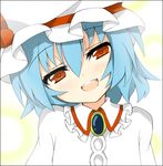  blue_hair blush face hat head_tilt looking_at_viewer red_eyes remilia_scarlet shingetsu_takehito short_hair smile solo touhou upper_body 