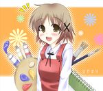  art_brush brown_hair hair_ornament hidamari_sketch lowres paint paintbrush palette school_uniform short_hair sketchbook solo x_hair_ornament yuno 