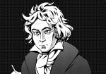  1boy ascot bad_link black_background drawfag english_commentary looking_at_viewer ludwig_van_beethoven male_focus messy_hair monochrome portrait real_life simple_background solo upper_body 