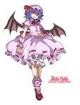  bat_wings blood blue_hair character_name duplicate fang full_body hat highres oso_(toolate) puffy_short_sleeves puffy_sleeves red_eyes remilia_scarlet shoes short_hair short_sleeves simple_background skirt skirt_set socks solo standing touhou white_background wings 