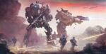  5boys aircraft concept_art english_commentary firing gun helicopter helmet highres holding holding_gun holding_weapon looking_to_the_side mecha mike_garn multiple_boys robot running science_fiction shell_casing soldier titan_(titanfall) titanfall titanfall_(series) weapon 