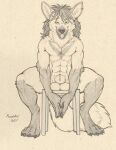 abs animal_genitalia anthro balls canid canine ear_piercing fangs fox furniture genitals hands_together hi_res leg_markings looking_at_viewer male mammal markings monochrome muscular muscular_anthro muscular_male piercing richard_foley sepia sheath sitting socks_(marking) stool teeth