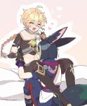  2boys aether_(genshin_impact) animal_ear_fluff animal_ears black_gloves black_hair blonde_hair blush boots braid closed_eyes fox_boy fox_ears fox_tail genshin_impact gloves green_hair hair_between_eyes hand_on_another&#039;s_head heart highres hood hood_down kissing_stomach knee_boots long_hair male_focus medal midriff multicolored_hair multiple_boys one-eyed open_mouth otoko_no_ko short_sleeves single_braid sitting stomach tail tighnari_(genshin_impact) twitter_username wai1010 yaoi 