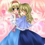  alice_margatroid bad_id bad_pixiv_id banned_artist blonde_hair blue_eyes blush braid closed_eyes dress hairband hug kirisame_marisa multiple_girls ribbon tepengu touhou zoom_layer 