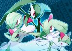  absurdres andorudw arm_blade bob_cut colored_skin evolutionary_line gallade gardevoir green_hair hair_over_eyes hair_over_one_eye highres kirlia multicolored_skin open_mouth pink_eyes pokemon pokemon_(creature) ralts two-tone_skin weapon white_skin 