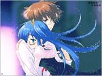  1girl blue_eyes blue_hair brown_hair dress drops glasses hug long_hair nanatsuiro_drops ponytail tsuwabuki_masaharu yuuki_nona 