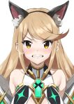  1girl animal_ear_fluff animal_ear_hairband animal_ears bare_shoulders blonde_hair blush clenched_teeth commentary core_crystal_(xenoblade) covered_collarbone fake_animal_ears fox_ears hairband long_hair mythra_(xenoblade) simple_background solo swept_bangs teeth v-shaped_eyebrows white_background xenoblade_chronicles_(series) xenoblade_chronicles_2 yamushinhan yellow_eyes 