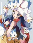  1girl :o beanie black_eyes blue_background blue_hair brown_bag closed_eyes commentary_request dawn_(pokemon) hat highres inset_border long_hair on_head outside_border pachirisu pokemon pokemon_(creature) pokemon_dppt pokemon_on_head pokemon_platinum red_scarf scarf squirrel tail teeth upper_teeth_only watch white_headwear wristwatch yunme 