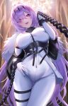  1girl absurdres azur_lane bare_shoulders bodysuit breasts chain chain_pull chained chained_wrists commentary cowboy_shot elbow_gloves fur_trim gloves hair_between_eyes highres indoors kirisamede_gzr large_breasts long_hair looking_at_viewer poltava_(azur_lane) pov purple_eyes purple_hair solo standing thigh_strap very_long_hair white_bodysuit white_gloves 