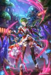  1girl asellus_(saga_frontier) black_gloves black_thighhighs cape closed_mouth elbow_gloves flower full_body gloves green_hair high_heels highres holding holding_sword holding_weapon nemusuke official_art red_eyes red_flower red_rose romancing_saga_re;universe rose saga saga_frontier short_hair shorts solo square_enix stairs standing sword thighhighs tree weapon 