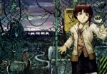  1girl abe_yoshitoshi absurdres asymmetrical_hair black_skirt bridge brown_eyes brown_hair cable chain-link_fence cloud fence hair_ornament hairclip highres industrial_pipe iwakura_lain jacket long_sleeves looking_at_viewer non-web_source scan serial_experiments_lain short_hair sign single_sidelock skirt sky solo standing warning_sign white_jacket wire x_hair_ornament 