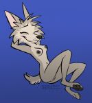 anthro areola big_ears blue_background breasts canid canine canis eyes_closed female fur genitals grey_body grey_fur humanoid_genitalia lying mammal navel nipples nude pawpads pussy serareldeer simple_background slim small_waist smile solo tail wolf
