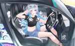  1girl ;p artist_logo black_shirt blue_eyes blue_hair blue_shorts car car_interior colored_tips dakimakura_(object) dog_hair_ornament eyewear_on_head flat_chest hair_ornament heart heart-shaped_eyewear highres hololive hololive_indonesia kobo_kanaeru landacdeus midriff motor_vehicle multicolored_hair navel one_eye_closed open_door patreon_logo pillow shirt shorts sitting solo stomach tongue tongue_out twitter_logo v_over_eye white_hair 