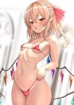  1girl :o arched_back bare_arms bikini bikini_pull blonde_hair blurry blurry_background blush cameltoe clothes_pull collarbone commentary_request flandre_scarlet groin hair_between_eyes hair_ribbon highres micro_bikini navel open_mouth pointy_ears red_bikini red_eyes reijing_etrn ribbon ribs sidelocks smile solo standing swimsuit touhou 