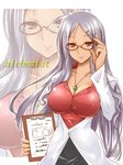  adjusting_eyewear ahoge arcana_heart arcana_heart_2 bad_id bad_pixiv_id breasts cleavage clipboard covered_nipples dark_skin glasses hair_ornament hairclip jewelry labcoat large_breasts lipstick long_hair makeup miniskirt necklace paopao parace_l'sia pencil_skirt pendant red_eyes silver_hair skirt smile solo sparkle thighhighs zoom_layer 