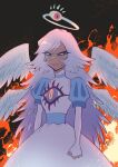  1girl absurdres amiri_ari angel angel_wings angry clenched_hand dark_skin dress emily_(hazbin_hotel) eyeball fire freckles halo hazbin_hotel highres long_hair looking_to_the_side solo third_eye very_long_hair white_dress white_hair wings 