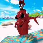 1:1 absurd_res anthro asteriusfongrif beach big_breasts black_clothing black_panties black_topwear black_underwear breasts butt clothed clothing collar crimson_hair digital_media_(artwork) english_text eve_(asteriusfongrif) female fish fur hair hi_res hybrid looking_at_viewer machine mammal marine open_mouth panties protogen red_body scar shaded shark shark_tail smile solo tail text topwear underwear visor