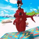 1:1 absurd_res anthro areola asteriusfongrif beach big_breasts black_clothing black_nipples black_panties black_topwear black_underwear blush blush_lines bodily_fluids breasts butt clothing collar crimson_hair digital_media_(artwork) english_text eve_(asteriusfongrif) female fish fur hair hi_res huge_breasts hybrid looking_at_viewer machine mammal marine markings navel nipples nude open_mouth panties piercing protogen red_body scar shaded shark shark_tail smile solo sweat sweatdrop tail text thick_thighs topwear underwear visor