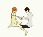  1girl bandages barefoot black_hair couple dress feet gen hetero ikari_shinji long_hair lowres neon_genesis_evangelion oekaki orange_hair shirt shorts sitting souryuu_asuka_langley t-shirt yellow_dress 