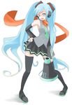  blue_eyes blue_hair detached_sleeves hatsune_miku headphones long_hair megaphone solo tansuke thighhighs twintails visor vocaloid zettai_ryouiki 