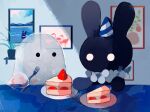  black_rabbit_(animal) cake commentary food fork hat holding holding_fork indoors li04r original painting_(object) party_hat plant plate potted_plant rabbit sheet_ghost sitting strawberry_shortcake table 