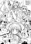  bangs baseball_mitt blunt_bangs bow buttons collared_shirt detached_sleeves engrish flat_cap flying frilled_shirt_collar frills greyscale hair_bobbles hair_ornament hair_tubes hakurei_reimu hat hat_bow horn horns hoshiguma_yuugi ibuki_suika kawashiro_nitori key kirisame_marisa komeiji_koishi komeiji_satori leg_up long_hair long_skirt looking_at_viewer monochrome multiple_girls puffy_short_sleeves puffy_sleeves ranguage reiuji_utsuho ribbon-trimmed_collar ribbon-trimmed_sleeves ribbon_trim shirt short_hair short_sleeves skirt third_eye touhou utsurogi_angu witch_hat 