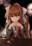  1girl black_background brown_hair brown_sweater closed_mouth doki_doki_literature_club green_eyes grey_jacket hair_intakes hair_ribbon hiyoko_(96823534) interlocked_fingers jacket long_hair long_sleeves looking_at_viewer monika_(doki_doki_literature_club) neck_ribbon own_hands_together ribbon school_uniform shirt sitting smile solo sweater table upper_body white_ribbon white_shirt 