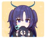  2girls :d aris_(blue_archive) black_hair blue_archive blush closed_mouth double-parted_bangs hair_between_eyes halo heart heart_in_eye long_hair long_hair_between_eyes looking_at_another multiple_girls one_side_up parted_bangs purple_eyes purple_hair rectangular_halo smile symbol_in_eye two_side_up yellow_background yoru_nai yuuka_(blue_archive) 