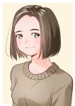  1girl arms_at_sides black_eyes brown_hair brown_sweater forehead light_smile looking_at_viewer original short_hair smile solo sweater thick_eyebrows upper_body yamanaka_kouji_(yanchiki2001) 