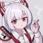  1girl blunt_bangs bow chunjiu cigarette collared_shirt dot_nose drop_shadow fujiwara_no_mokou grey_background hair_bow hands_up highres hime_cut holding holding_cigarette holding_sign long_hair long_sleeves looking_at_viewer looking_to_the_side no_smoking parted_lips red_bow red_eyes shirt sidelocks sign simple_background sleeve_garter solo suspenders teeth touhou two-tone_bow upper_body white_bow white_hair white_shirt 