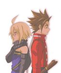  artist_request back-to-back blonde_hair brown_eyes brown_hair detached_sleeves emil_castagnier lloyd_irving male_focus multiple_boys red_eyes red_shirt scarf shirt sword tales_of_(series) tales_of_symphonia tales_of_symphonia_knight_of_ratatosk weapon white_background 