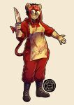 anthro apron blood blood_on_clothes blood_on_clothing bodily_fluids boots clothed clothing dalipuff eyewear footwear gloves goggles goggles_on_face handwear hi_res horn jumpsuit latex latex_clothing latex_gloves latex_handware latex_handwear mammal nonbinary_(lore) pointed_tail procyonid raccoon