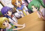  blonde_hair dutch_angle furude_rika game_cg higurashi_no_naku_koro_ni houjou_satoko multiple_girls non-web_source rato ryuuguu_rena school_uniform sonozaki_mion table 