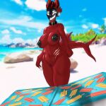 1:1 absurd_res anthro areola asteriusfongrif beach big_breasts black_clothing black_nipples black_panties black_topwear black_underwear breasts butt clothing collar crimson_hair digital_media_(artwork) english_text eve_(asteriusfongrif) female fingers fish fur genitals hair hi_res huge_breasts hybrid looking_at_viewer machine mammal marine markings navel nipples nude open_mouth outside panties piercing protogen pussy red_body sand scar seaside shaded shark shark_tail smile solo tail text thick_thighs topwear underwear visor water