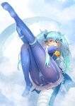  1girl blue_eyes blue_hair blue_thighhighs character_request cloud cloudy_sky dragon_girl dragon_tail feet hawawam31677 highres kemono_friends looking_at_viewer seiryuu_(kemono_friends) sky solo tail thighhighs twintails 