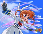  action blue_eyes brown_hair gloves hair_ribbon left-handed lyrical_nanoha mahou_shoujo_lyrical_nanoha raising_heart ren-chan ribbon solo takamachi_nanoha twintails 