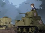  1girl brown_hair commentary day dongdong_(0206qwerty) emblem forest girls_und_panzer highres looking_to_the_side m3_lee military_vehicle motor_vehicle nature ooarai_(emblem) ooarai_military_uniform open_mouth outdoors rabbit sawa_azusa sweatdrop tank throat_microphone translated type_89_i-gou 