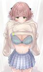  1girl absurdres blue_bra blue_skirt blush bow bow_bra bra breasts brown_hair clothes_lift clothes_pull from_above hair_bow highres idolmaster idolmaster_shiny_colors ikuta_haruki kijibato_123-gou lace-trimmed_bra lace_trim lifted_by_self medium_breasts navel open_mouth plaid plaid_skirt pleated_skirt pulled_by_self shirt_lift short_hair skirt solo standing underwear undressing yellow_eyes 