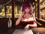  1girl alcohol bottle breasts closed_mouth collarbone cup double_strap_slip dress drinking_glass flower highres honkai:_star_rail honkai_(series) kafka_(honkai:_star_rail) large_breasts lights lips long_hair lyusiola menu neck_flower neon_lights purple_eyes purple_flower purple_hair red_dress red_nails reflection shot_glass solo table upper_body wooden_floor 
