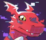  absurdres close-up colored_skin dark_background digimon digimon_(creature) dinosaur facial_mark glitch gradient_background guilmon highres looking_at_viewer red_skin sharp_teeth slit_pupils teeth tillo_(digitaltillo) wireframe yellow_eyes 