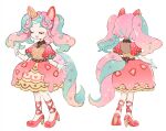  1girl animal_ears aqua_hair back_bow bow brown_shirt closed_eyes collared_shirt facing_away facing_viewer fake_animal_ears fake_horns food food-themed_clothes food-themed_hair_ornament food_print fruit full_body gloves hair_ornament hand_up heart heart_hair_ornament horns horse_tail ice_cream_cone multicolored_clothes multicolored_hair multicolored_skirt multiple_views open_mouth original parted_bangs pink_hair pink_skirt puffy_short_sleeves puffy_sleeves red_footwear reference_sheet shirt shoes short_sleeves simple_background skirt smile sorata123 standing strawberry strawberry_print strawberry_slice tail tail_ornament twintails two-tone_hair unicorn_girl unicorn_horn white_background white_gloves 