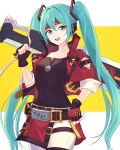  1girl absurdres belt belt_buckle black_shirt blue_eyes blue_hair breasts brown_gloves buckle collar cosplay cropped_jacket fingerless_gloves gloves guilty_gear hatsune_miku highres holding holding_sword holding_weapon jacket long_hair over_shoulder panties red_jacket shirt small_breasts sol_badguy sol_badguy_(cosplay) solo sword sword_over_shoulder truejekart twintails underwear very_long_hair vocaloid weapon weapon_over_shoulder white_background white_panties yellow_background 