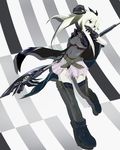  belt black_eyes blonde_hair boots cape checkered covering_mouth fate_testarossa hair_ribbon hand_over_own_mouth long_hair lyrical_nanoha mahou_shoujo_lyrical_nanoha ribbon scythe skin_tight skirt solo thighhighs twintails wagashi_(okashina) zettai_ryouiki 